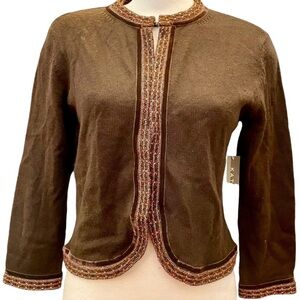 NWT Kate Hill brown merino wool cardigan with hook front. Size large